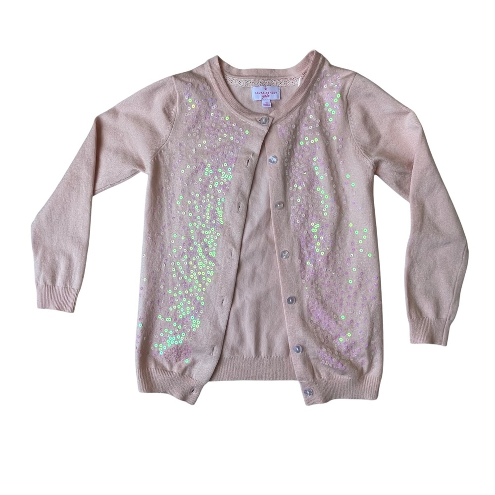 Laura Ashley Girls Pink Sequin Cardigan Sweater LA9084K Small Cotton Blend Knit